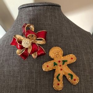 Vintage Christmas bow and gingerbread man brooch lot